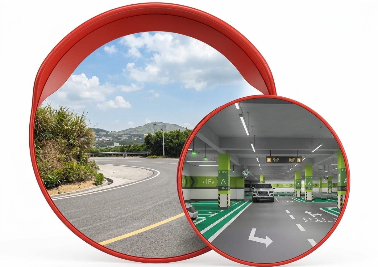 High-definition outdoor convex road safety mirror showing curved road reflection alongside indoor parking garage convex mirror