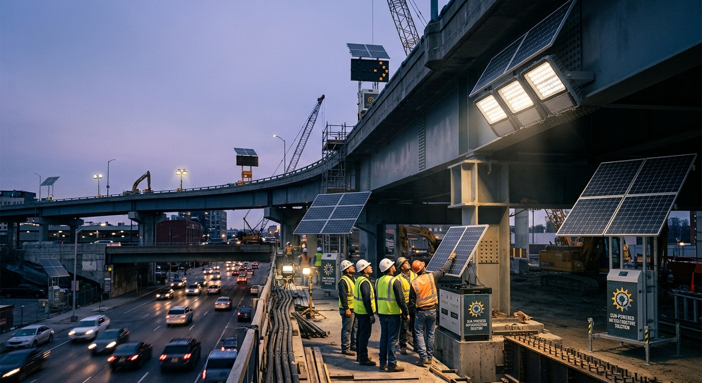 Solar-Powered Industrial Infrastructure Lighting Construction crew working under solar-powered LED floodlights with solar panels mounted near a highway overpass.