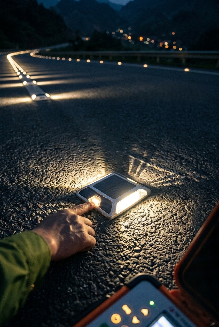 vietnam-national-highway-6-solar-road-studs-test.jpg A close-up view of a hand pointing to the solar panel on an illuminated LED road stud, with a receding line of glowing studs tracing a winding dark asphalt road at dusk.